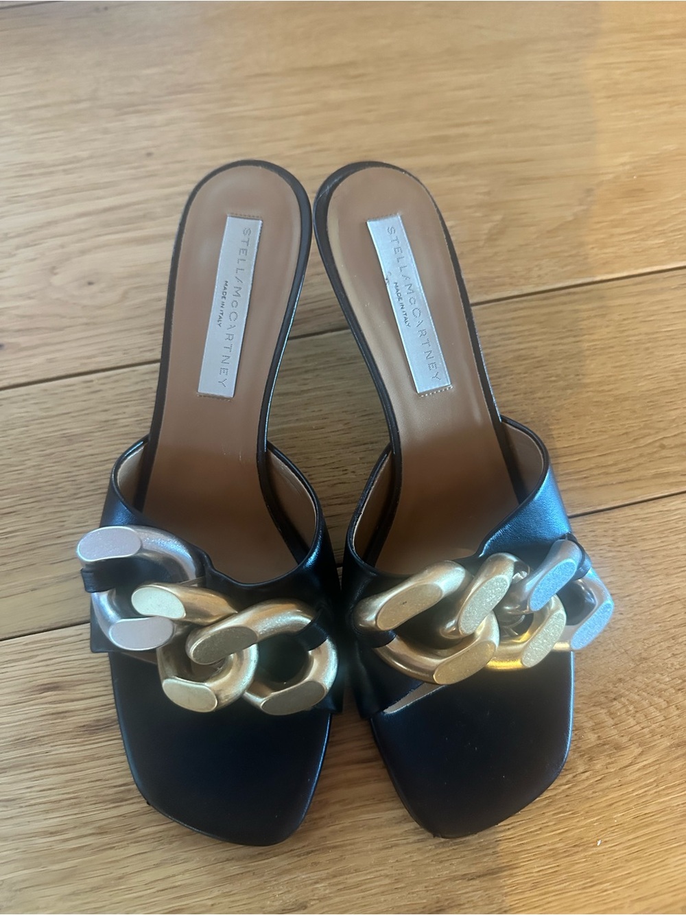 Stella McCartney Black Slide Mules with Chunky Gold Chain